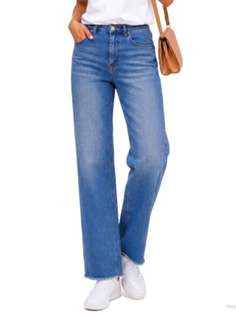 High Waisted Straight Leg Jeans Women Raw Hem Stretch Denim